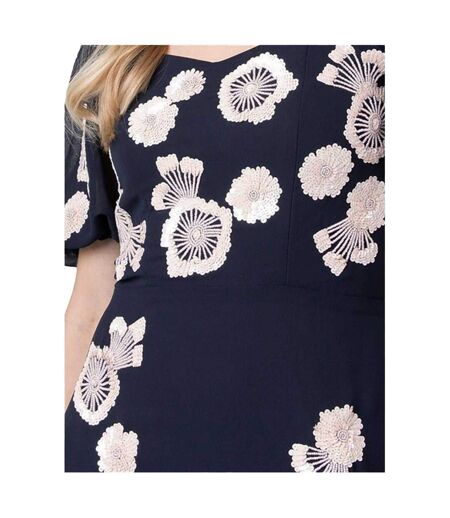 Robe Longue Manches Bouffantes Motif/style Broderie Florale Femme Bleu Marine Maya Deluxe