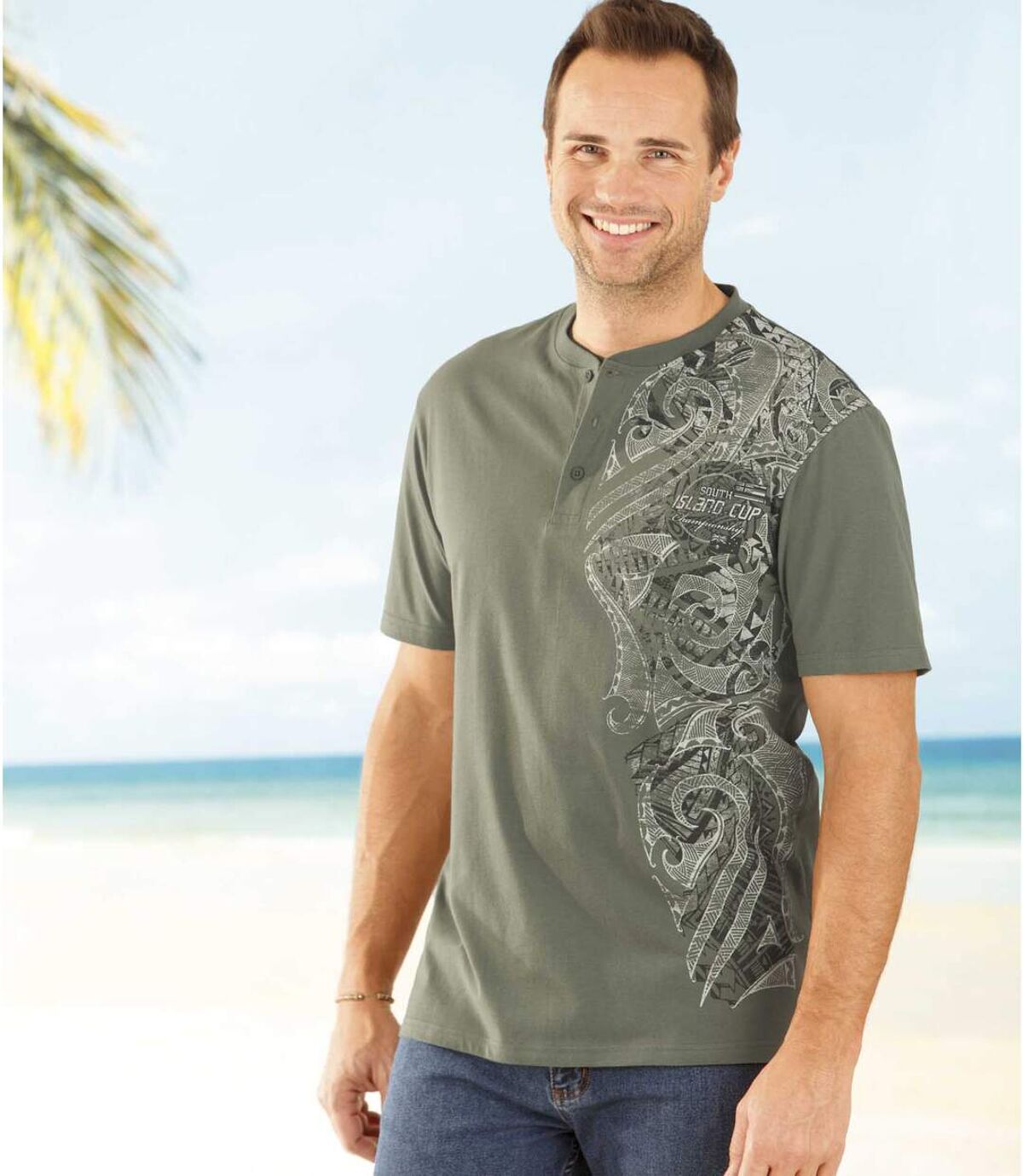 Pack of 2 Men's Button Neck Print T-Shirts - Beige Khaki Atlas For Men