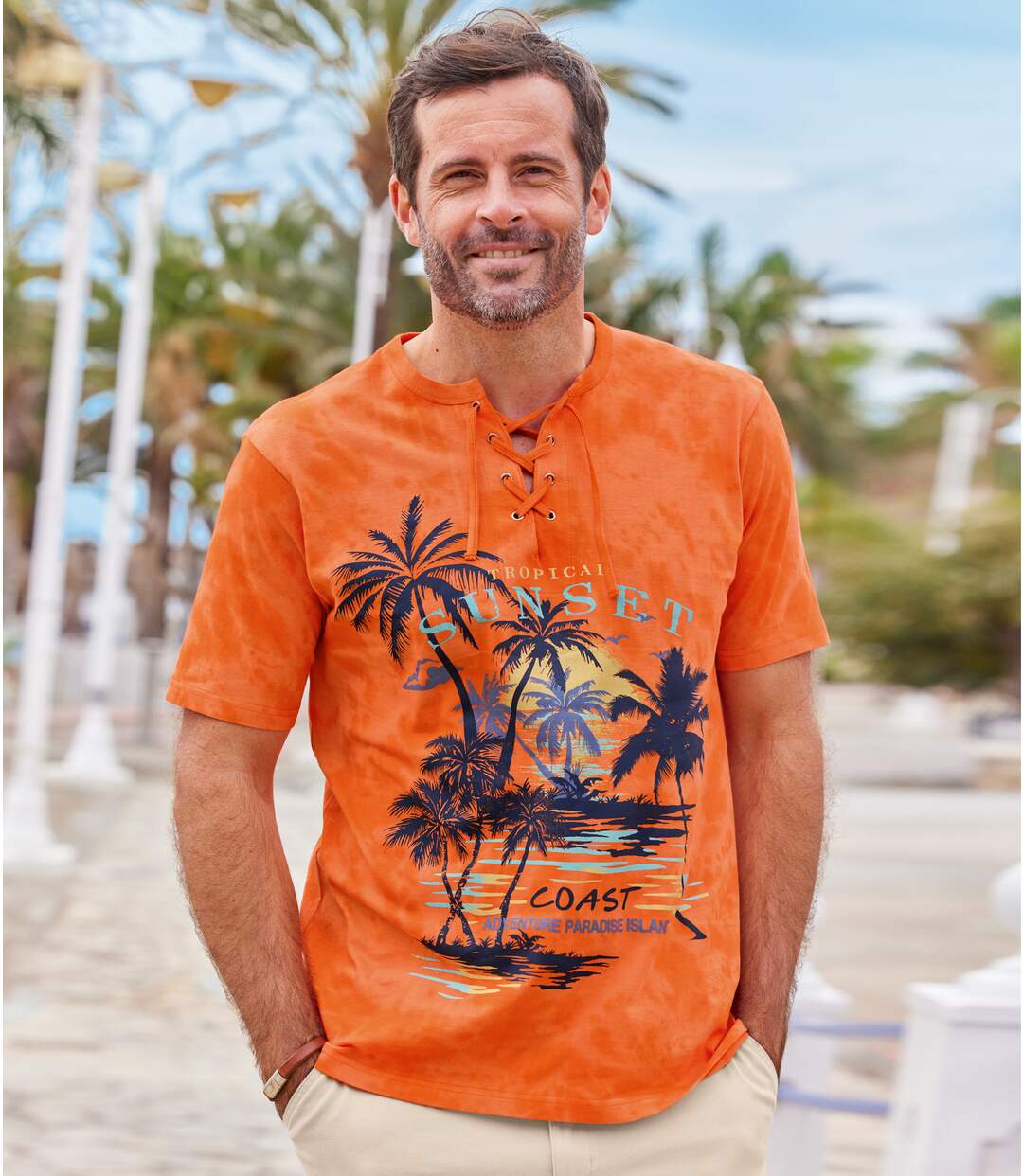 Tee-Shirt Col Lacé Imprimé Tropical Sunset 