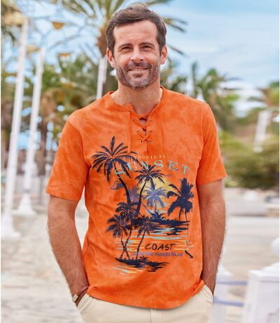 T-shirt teinture sur nœuds à col lacé homme - orange
