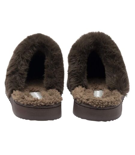 Ladies Faux Fur Trim Mule Slippers Brown Pink Tan Warm UK 3-8