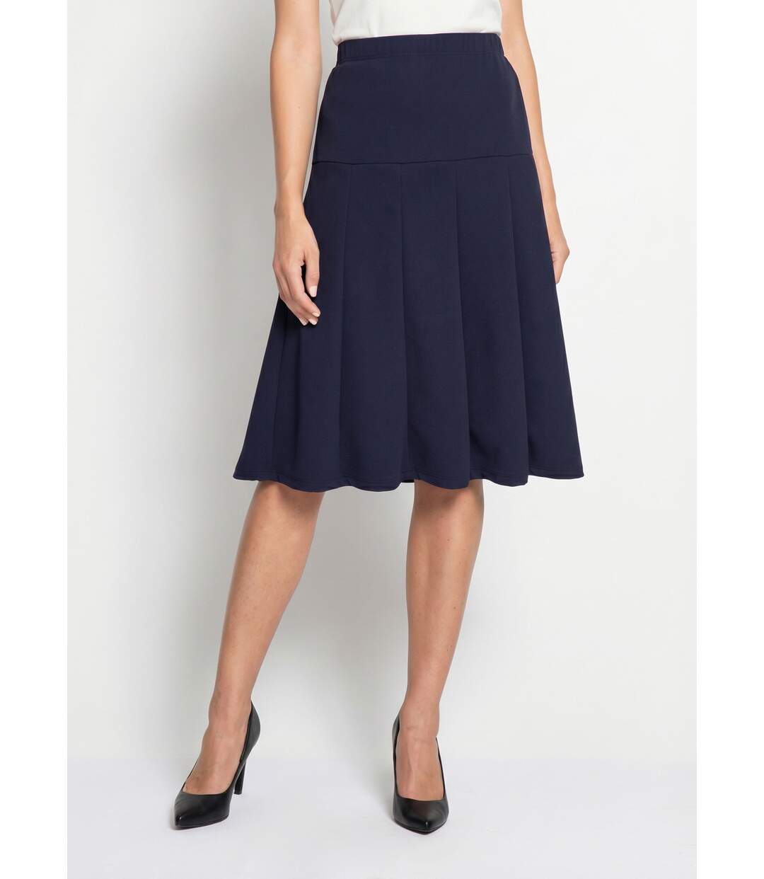 Jupe évasée mi longue unie taille élastiquée-1