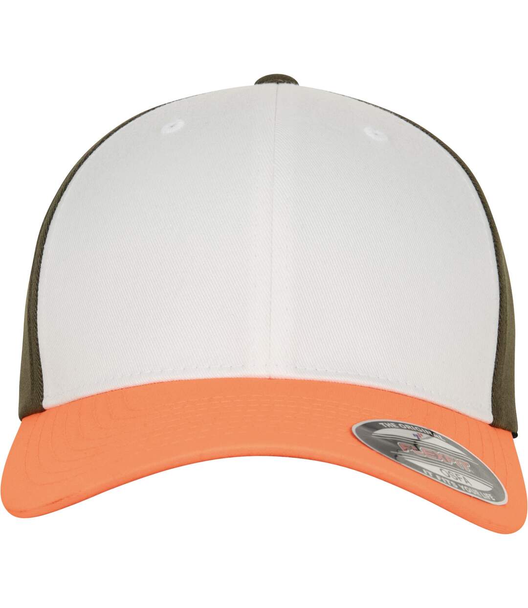 Casquette flexfit adulte orange néon / blanc / vert kaki foncé Yupoong-4