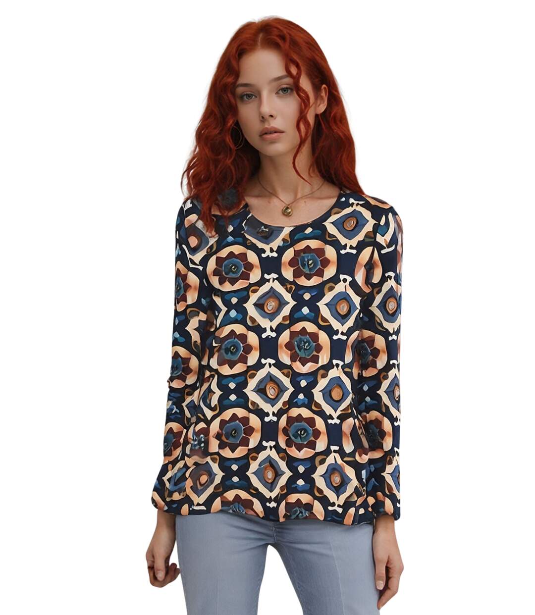 Tee shirt femme imprimé manches longues - Col arrondi - Confort et durabilité-1