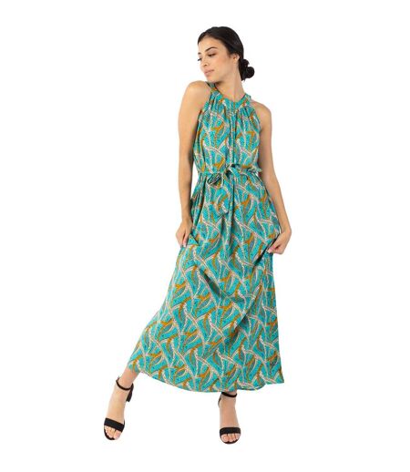 Robe longue col licou FRIDA imprimé ethnique bleu Coton Du Monde