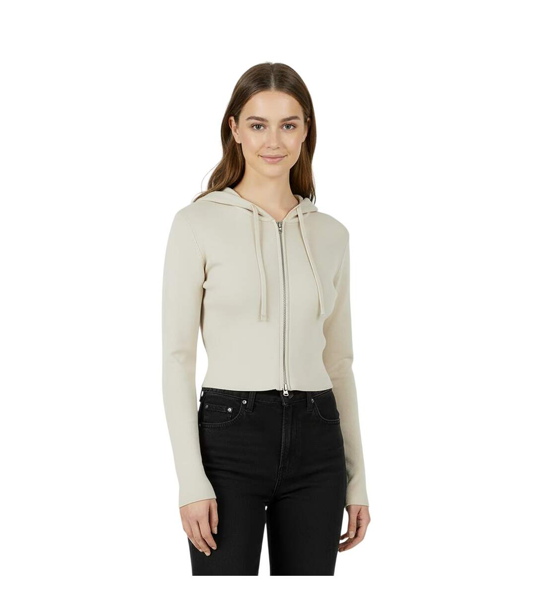 Womens/ladies Knitted Cropped Full Zip Hoodie Stone Jack Wills-4