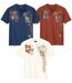Pack of 3 Men's Printed Henley T-Shirts - Ecru Navy Brown