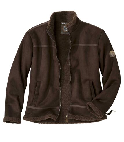 Men's Brown Faux Suede Jacket with Sherpa Lining and Full Zip