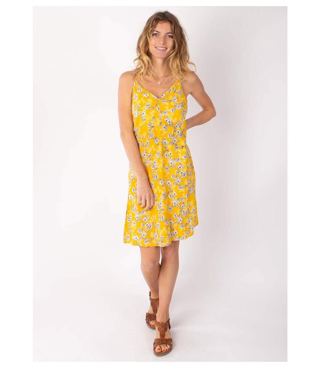 Robe courte fines bretelles BEA fleurie jaune Coton Du Monde-2