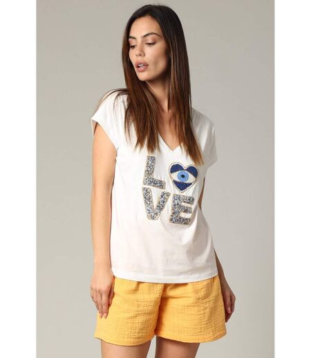 T-shirt femme blanc ample à col V et manches courtes 100% coton MYKOLOVE