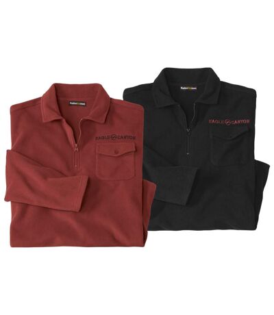 Pack of 2 Men's Microfleece Polo Shirts - Brick Red Black 