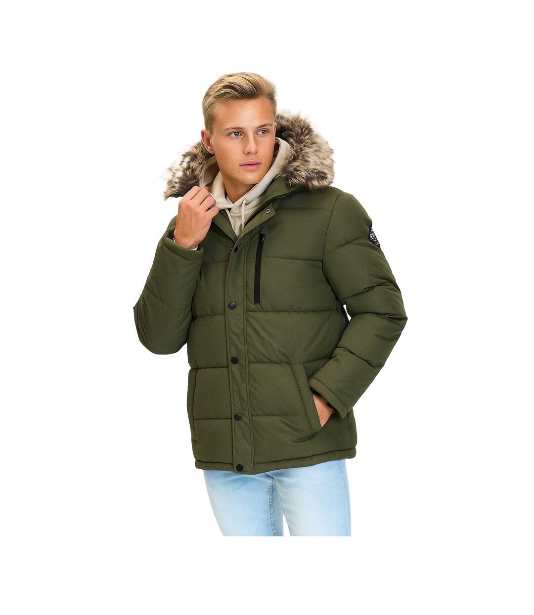 Doudoune Matelassée Motif/style Bord Duveteux Homme Vert Kaki Minoti-1