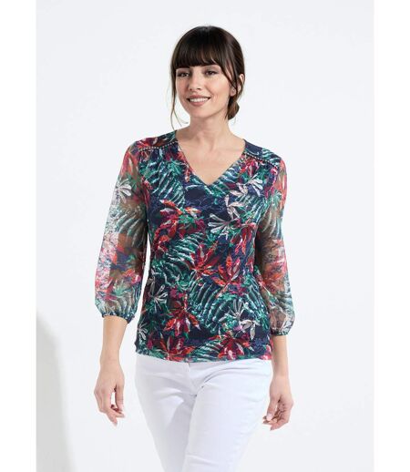 T-shirt col V maille dentelle imprimée