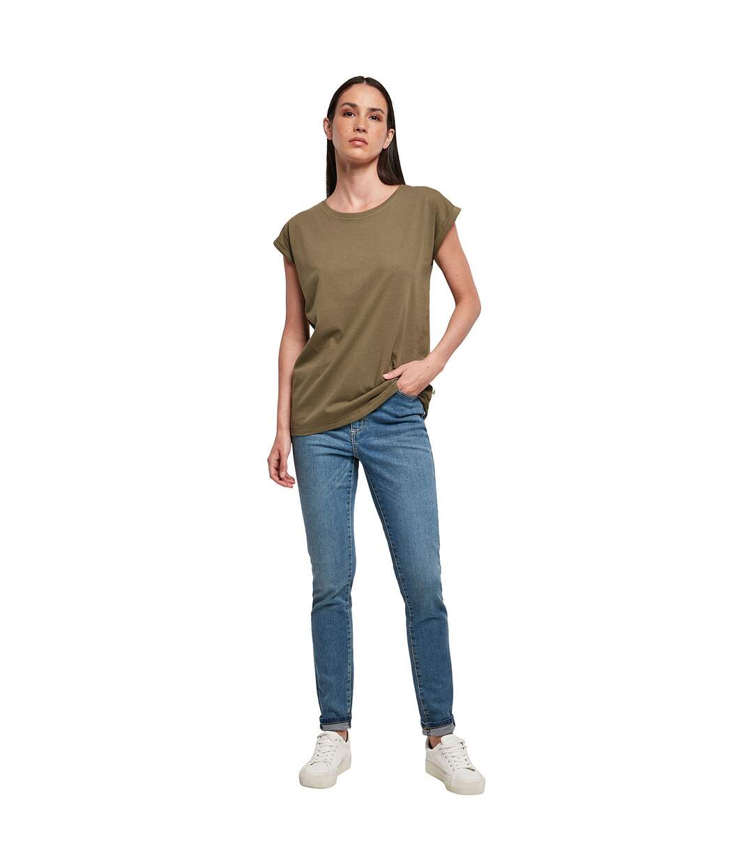 Womens/ladies organic extended shoulder t-shirt olive Build Your Brand