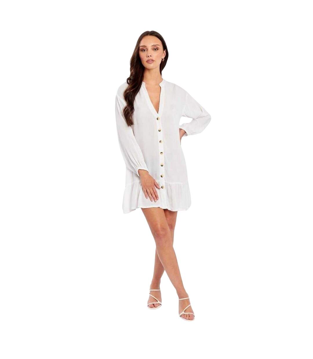 Womens/ladies V Neck Long-sleeved Mini Dress White Influence-1