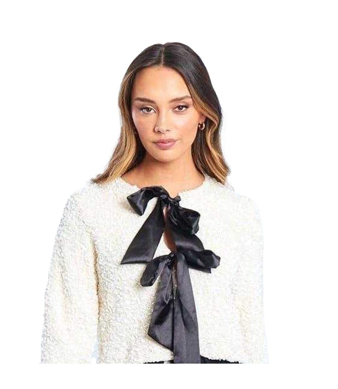 Womens/ladies Bow Sequin Relaxed Fit Long-sleeved Blouse Cream Be You-4
