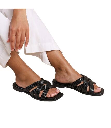 Womens/ladies crete crossover strap wide sliders black Where´s That From