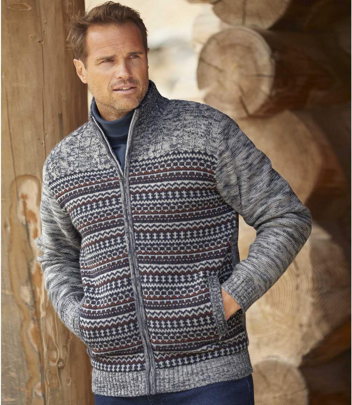Men's Gray Patterned Knitted Jacket - Full Zip Atlas For Men
