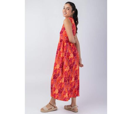 Robe longue été coupe ample Veronica orange fleuri Coton Du Monde