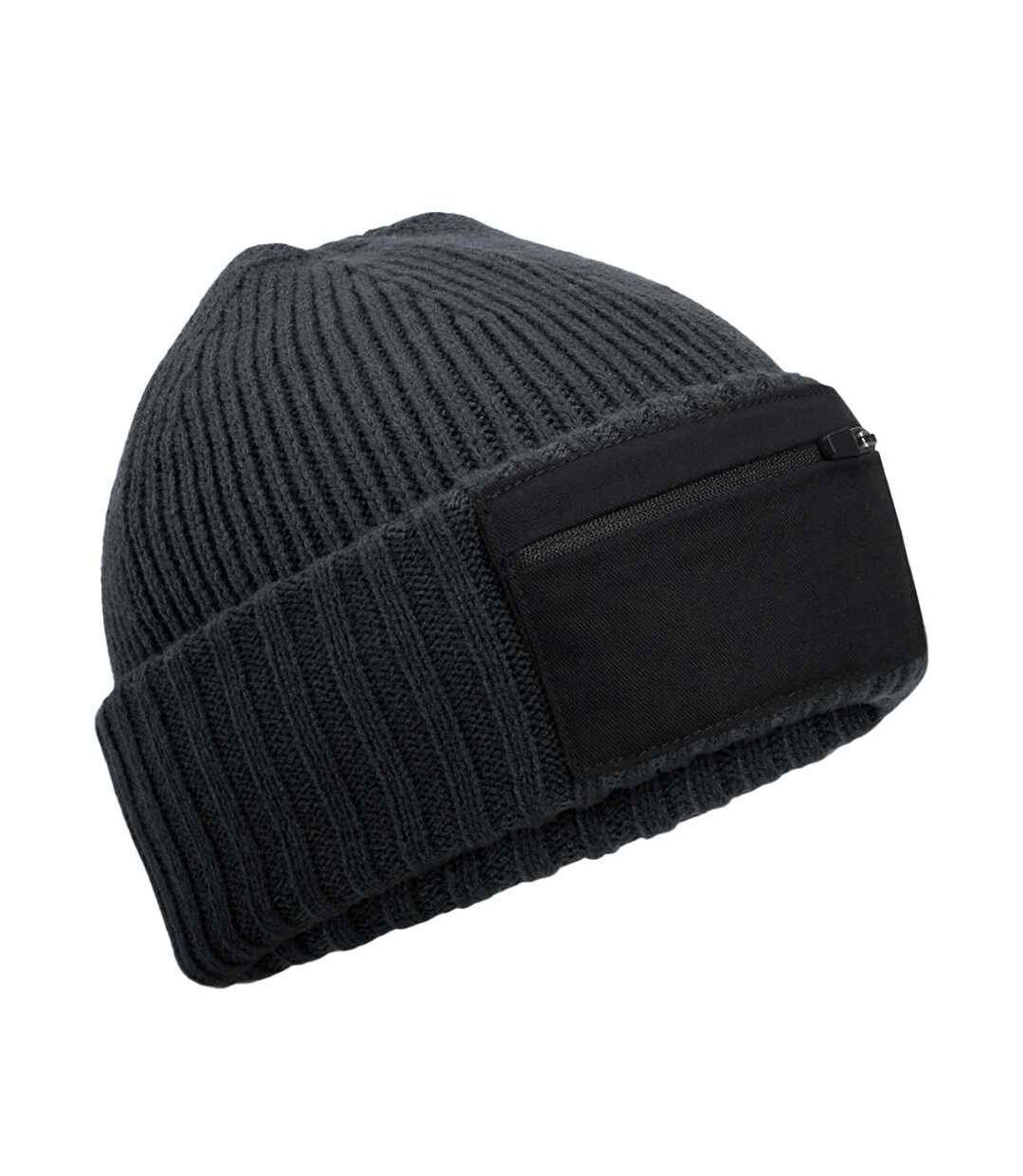 Unisex adult zip patch beanie graphite grey/black Beechfield-1