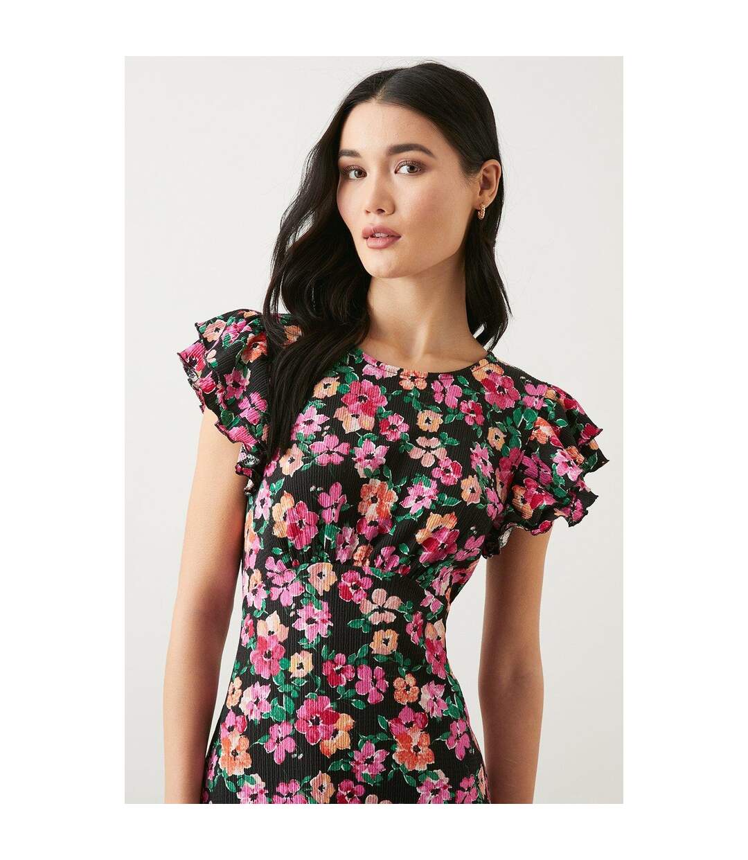 Womens/ladies floral ruffle empire midi dress black Dorothy Perkins