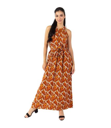 Robe longue col licou FRIDA imprimé ethnique orange Coton Du Monde