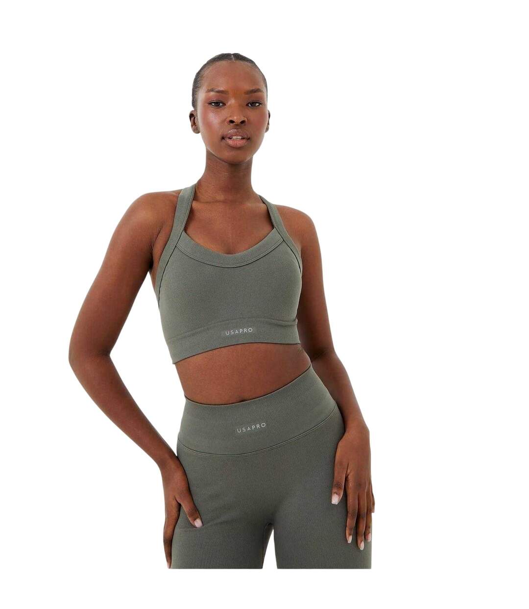 Womens/ladies Sophie Habboo Ribbed Sculpting Sports Bra Light Khaki USA Pro-2