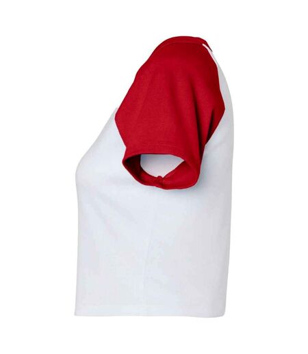 Womens/ladies micro-rib raglan crop top white/red Bella + Canvas