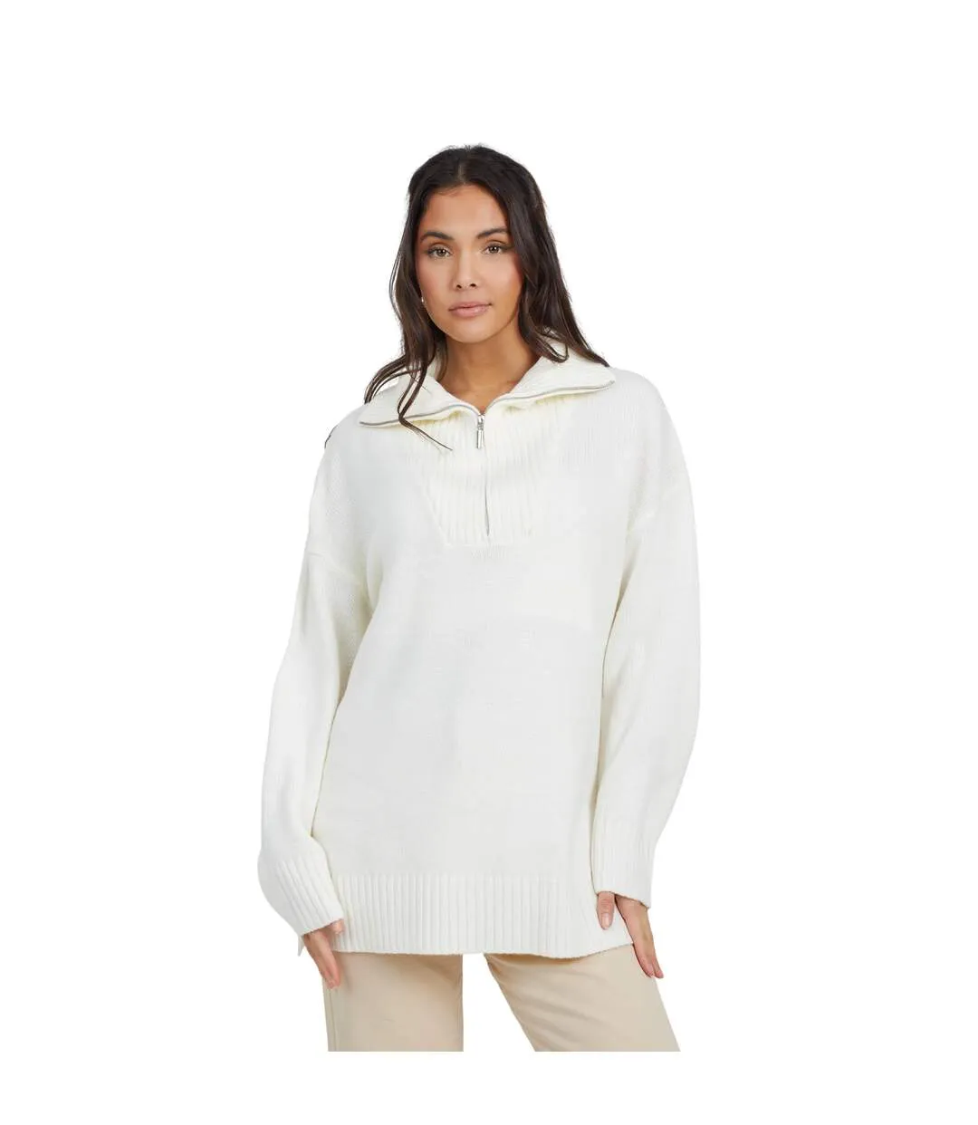 Womens/ladies Fashion Zip Drop Shoulder Jumper Ivory Brave Soul-2