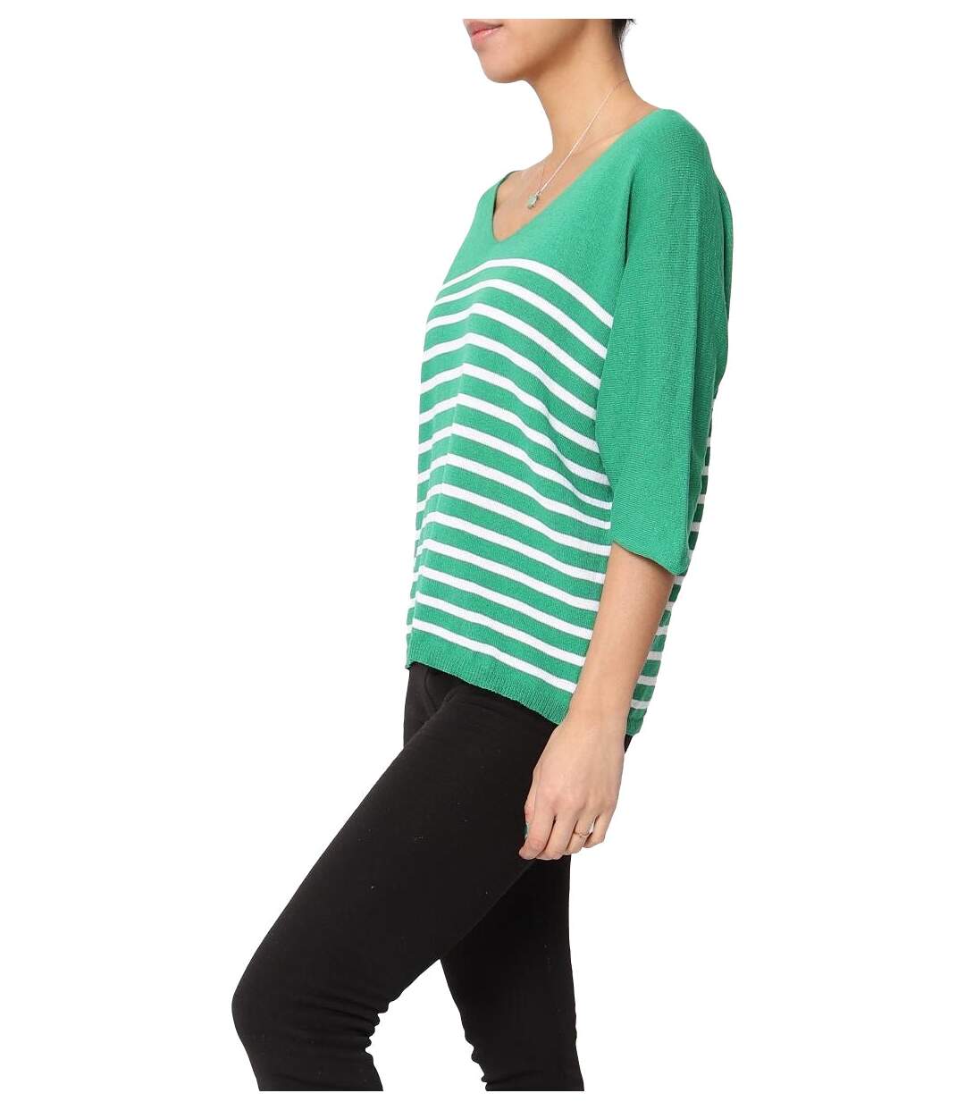 Pull femme rayé - Pull col en V - Manches 3/4 - Couleur Vert