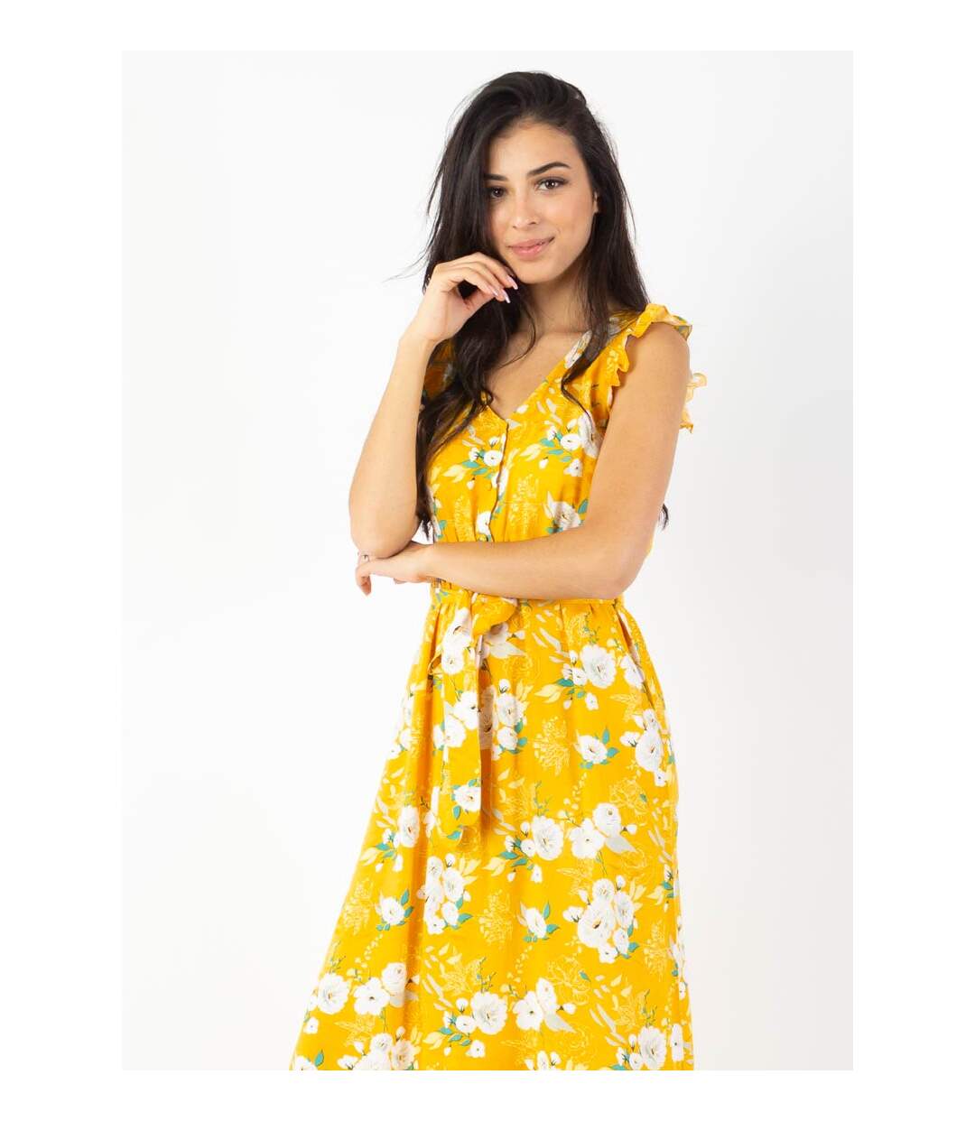 Robe longue manches volantées KAYLA fleurie jaune Coton Du Monde