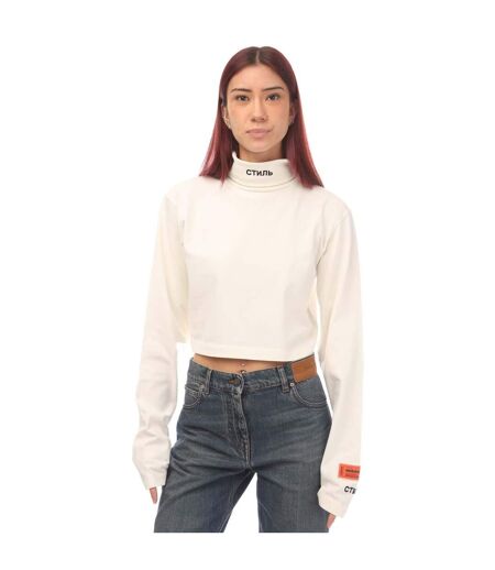 Womens/ladies Ctnmb Cropped Roll Neck T-shirt White Black Heron Preston