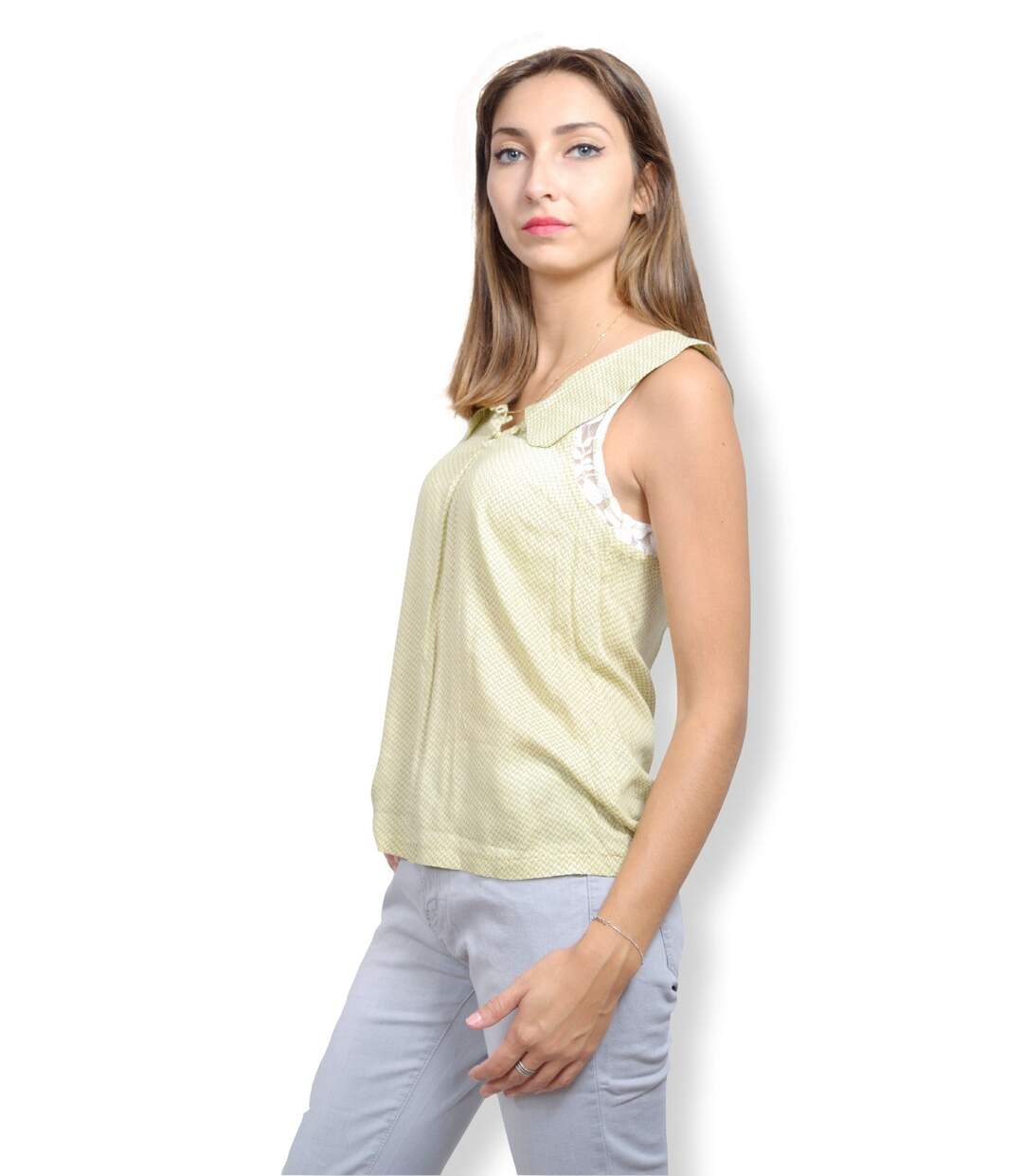 Chemise femme sans manche motifs imprimés de couleur jaune-3