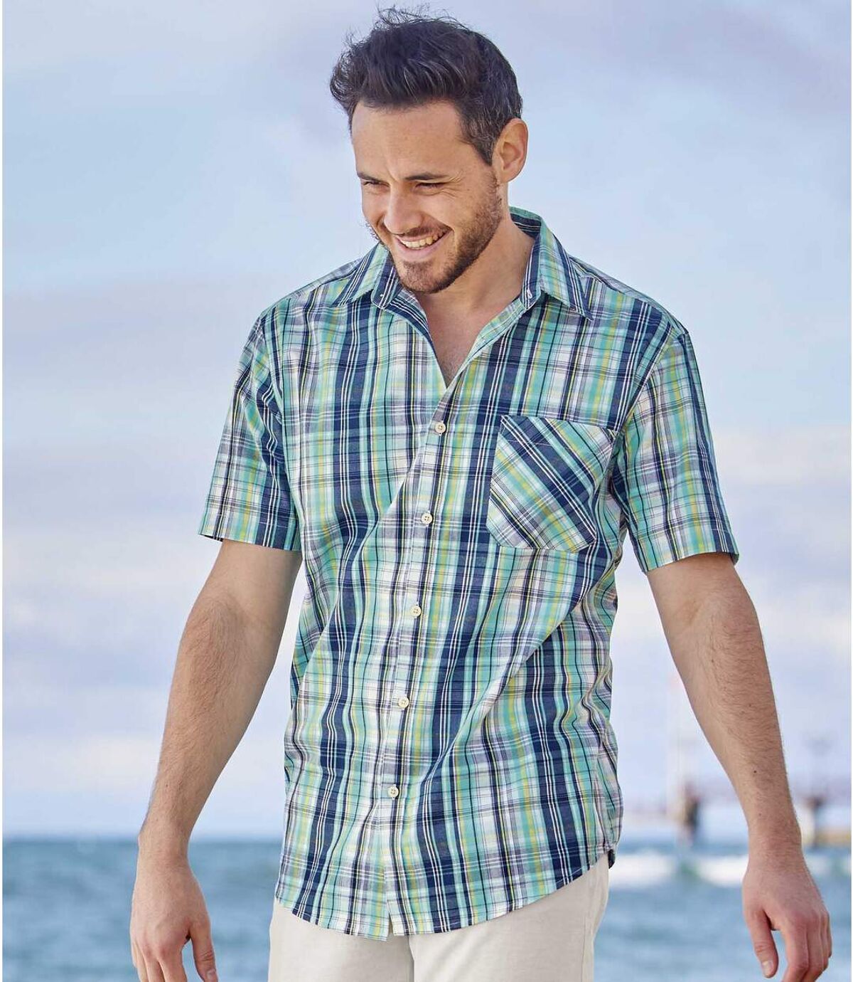Men's Short-Sleeved Checked Shirt - Blue Green Atlas For Men