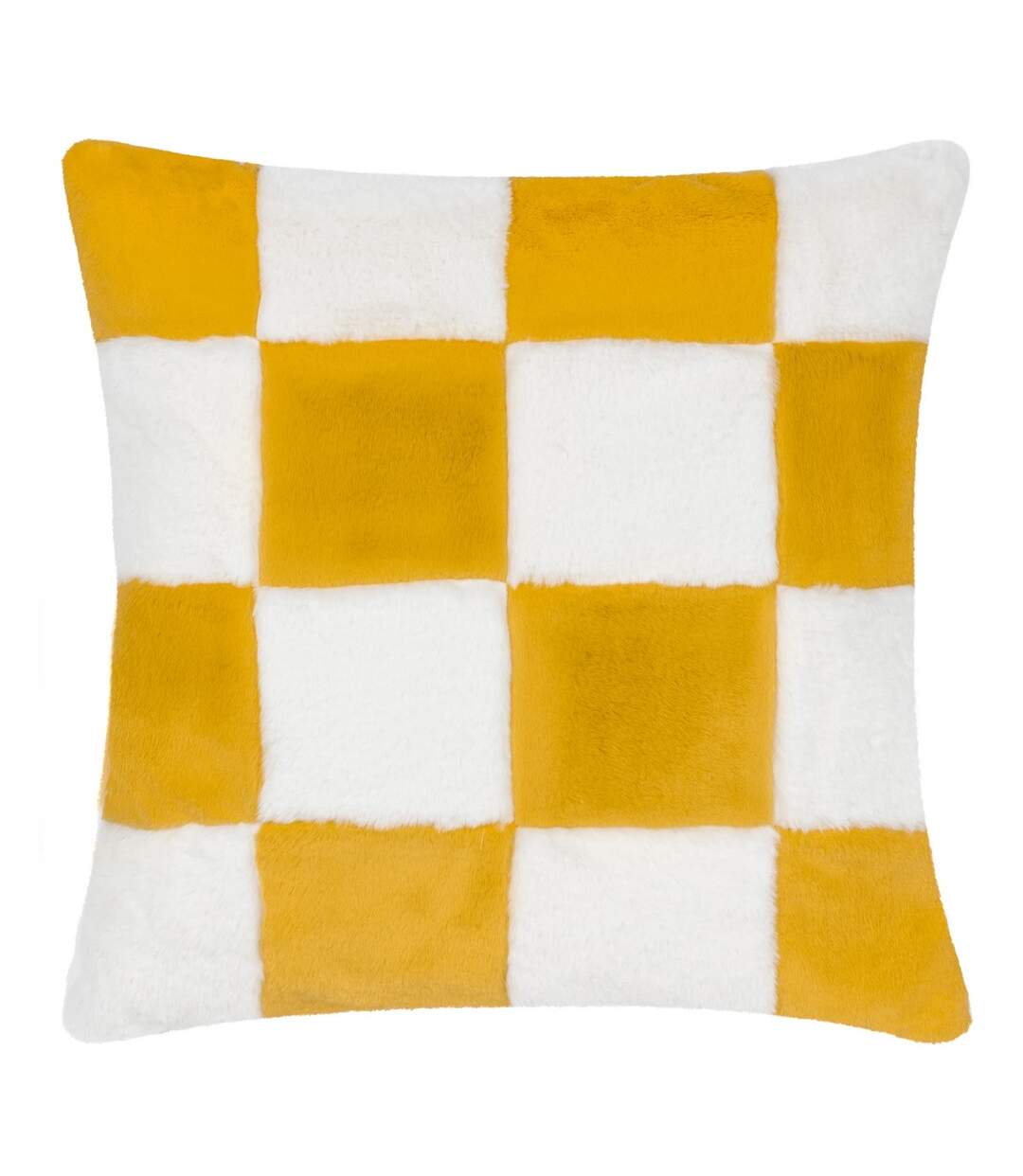 Cozee faux fur checked cushion cover 50cm x 50cm yellow Heya Home