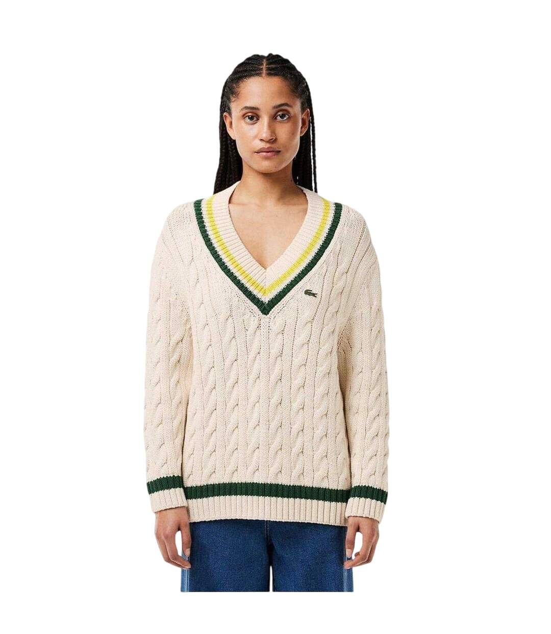 Sweat Motif/style Maille Torsadée Femme Beige Vert Lacoste-4