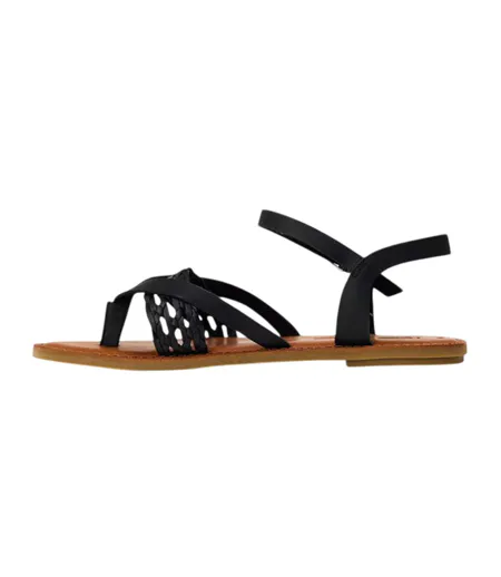 Womens/ladies Lexie Braided Leather Ankle Strap Flat Sandals Black Toms