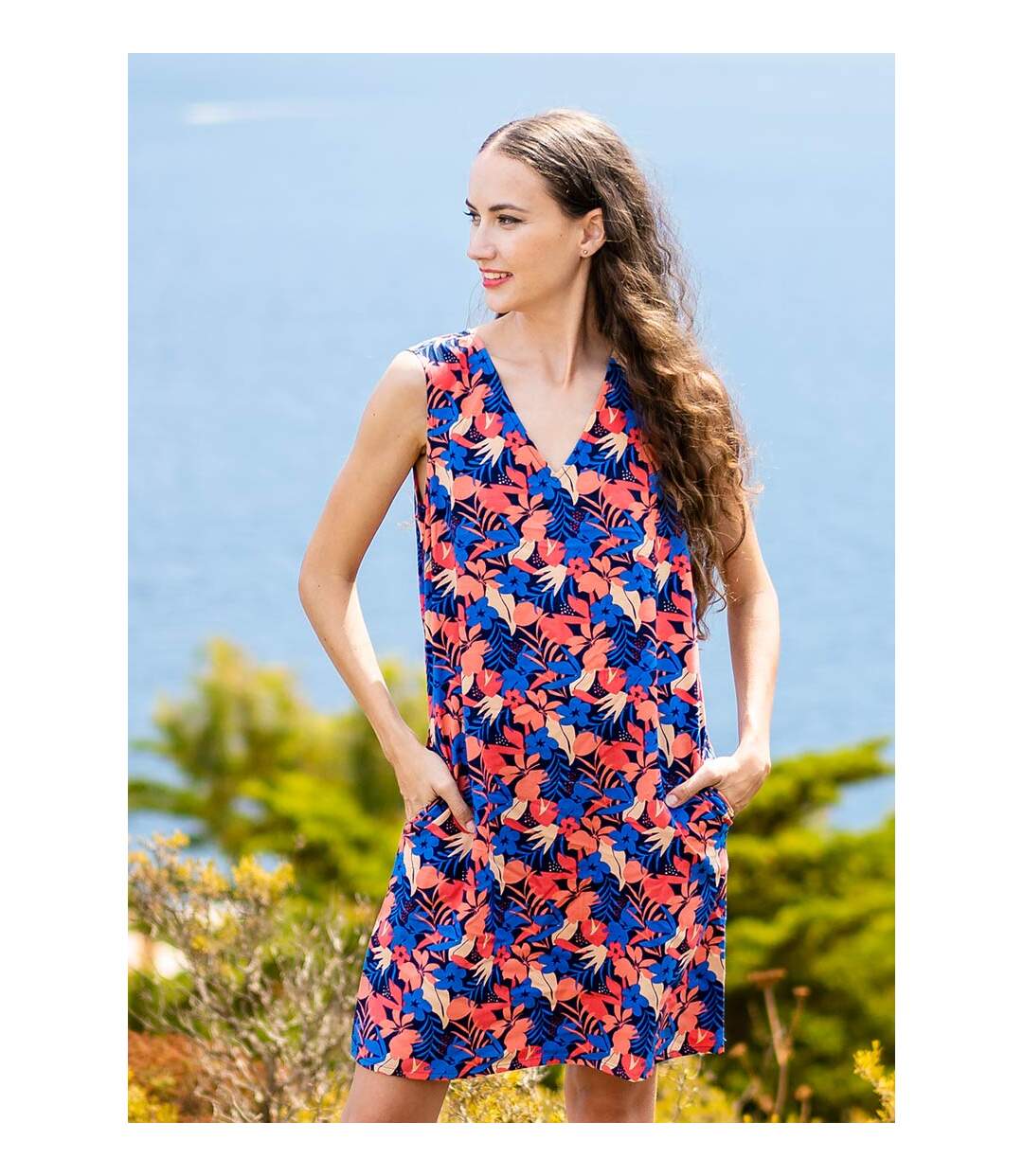 Robe courte DIANA coton sans manches col V imprimé coloré Coton Du Monde-5