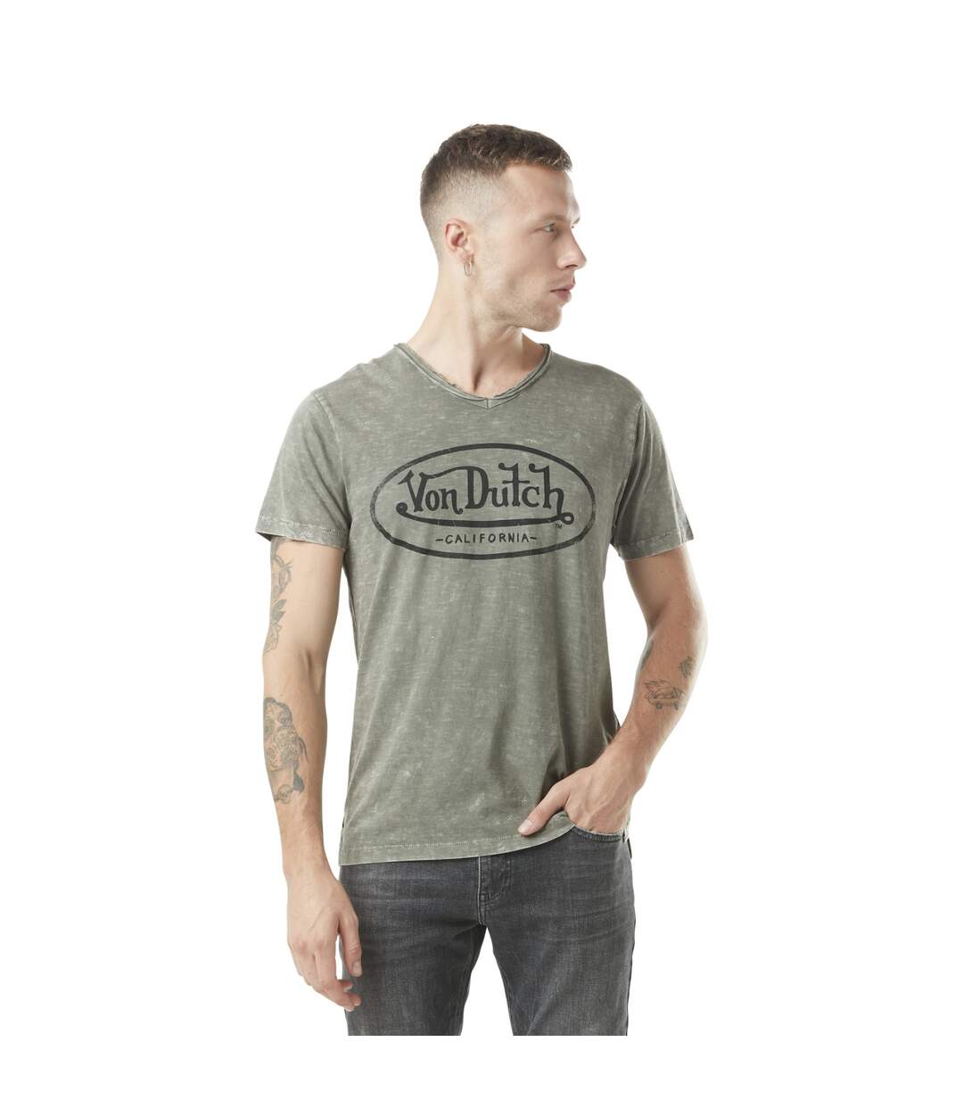 T-shirt homme col v avec traitement en coton Ron Vondutch