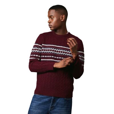 Mens fair isle cable knit crew neck jumper burgundy Maine