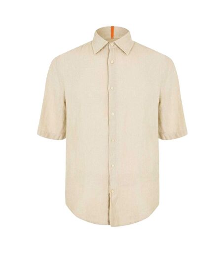 Mens Linen Short-sleeved Shirt Light Beige Boss
