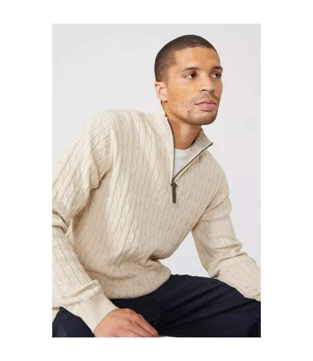 Mens cable cotton half zip jumper stone Maine