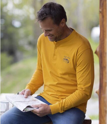 Pack of 2 Men's Button-Neck Long Sleeve Tops - Navy Yellow