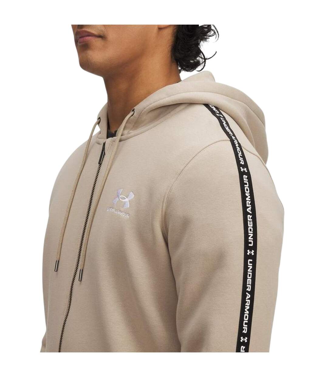 Mens Fleece Taped Sleeve Full Zip Hoodie Khaki Under Armour-3