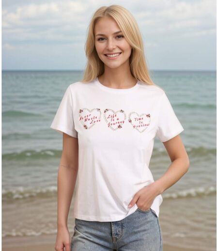 T-shirt Femmes élégance Coeur à Manches Courtes - Couleur blanc