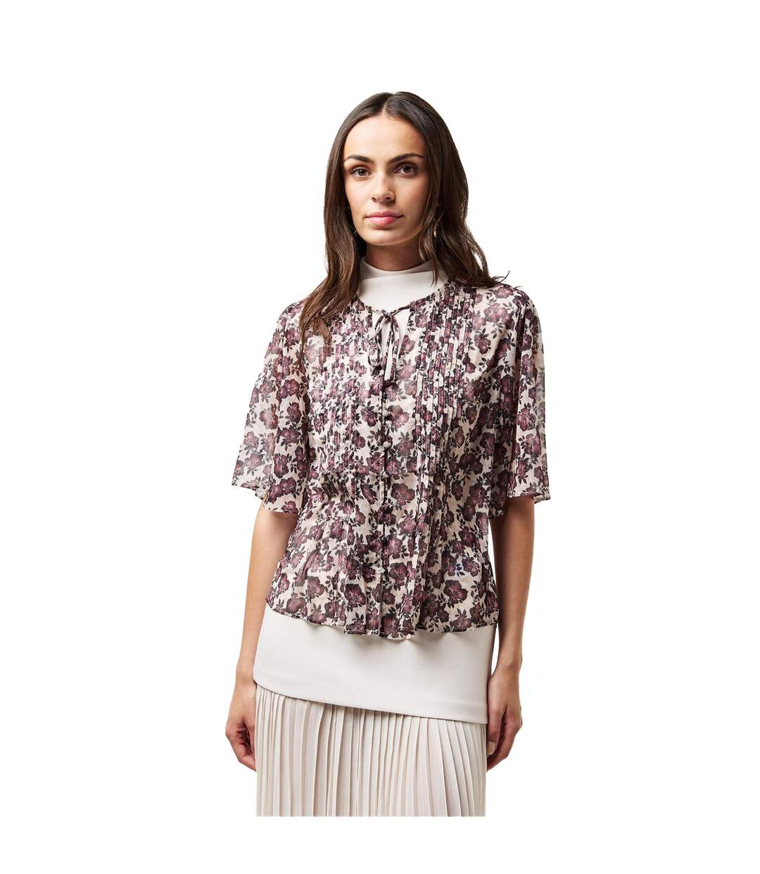 Womens/ladies Elysian Floral Tie Neck Puff Sleeve Blouse Blush Pink French Connection-1