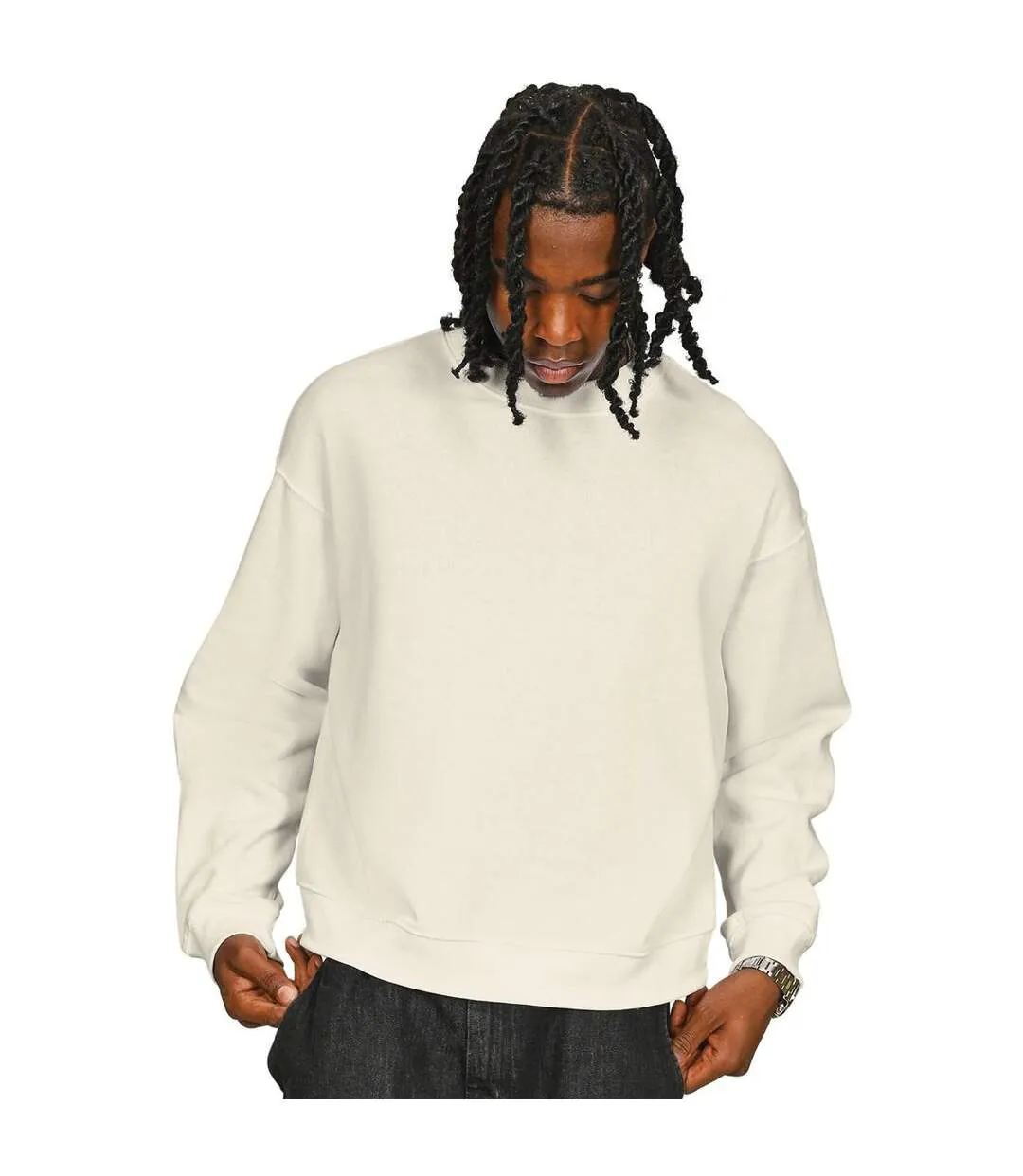 Mens Ringspun Cotton Extended Neckline Oversized Sweatshirt Ecru Casual Classics-1