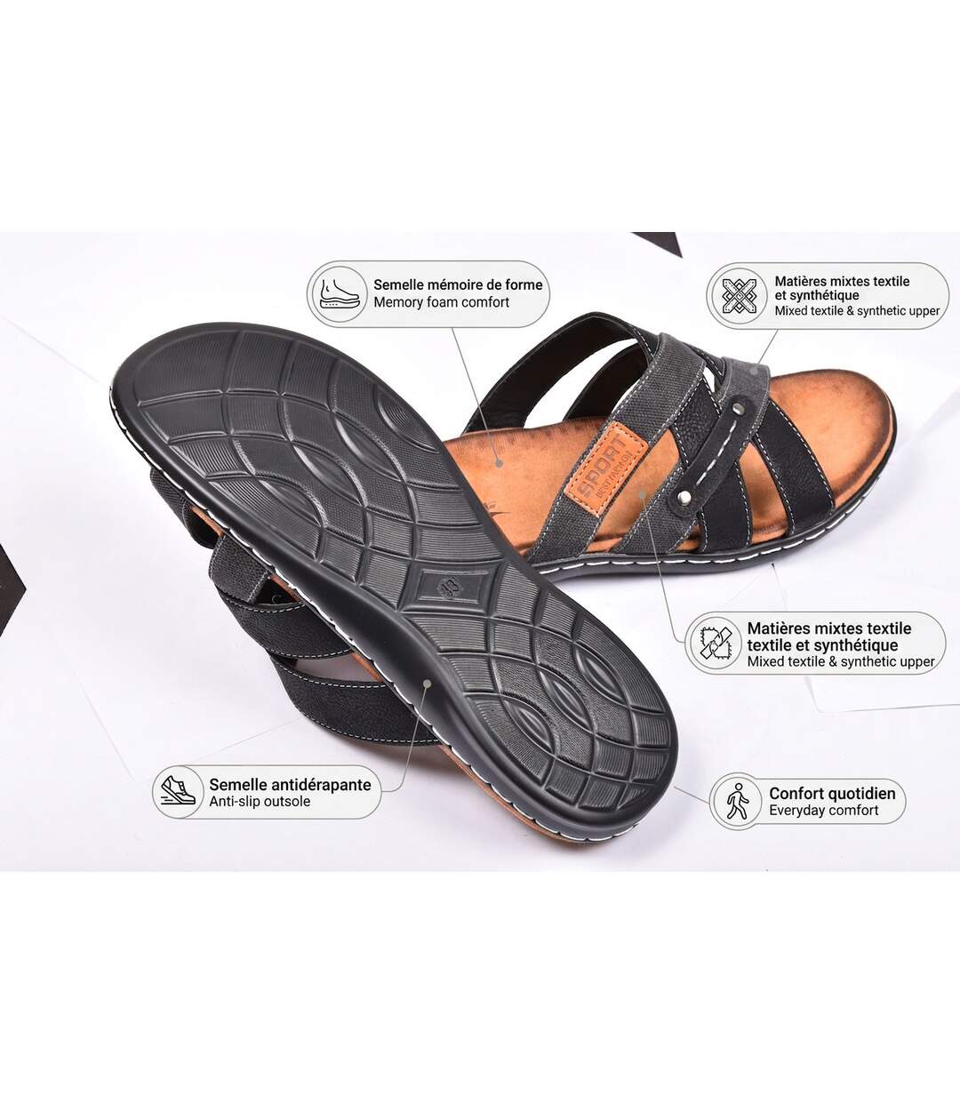 OZABI Sandales homme sangles croisées confort mémoire de forme-4
