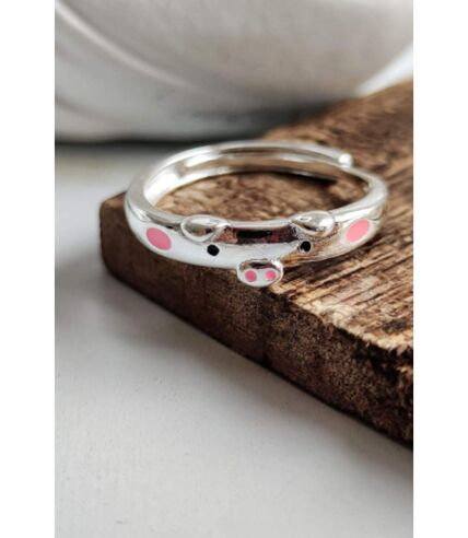 Pink Pig Minimalist Tiny Silver Adjustable Animal Slim Band Ring