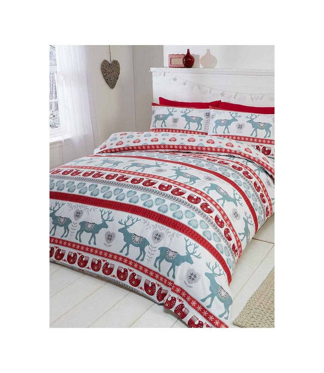 Scandi brushed cotton christmas duvet cover set white/red/blue Rapport-1